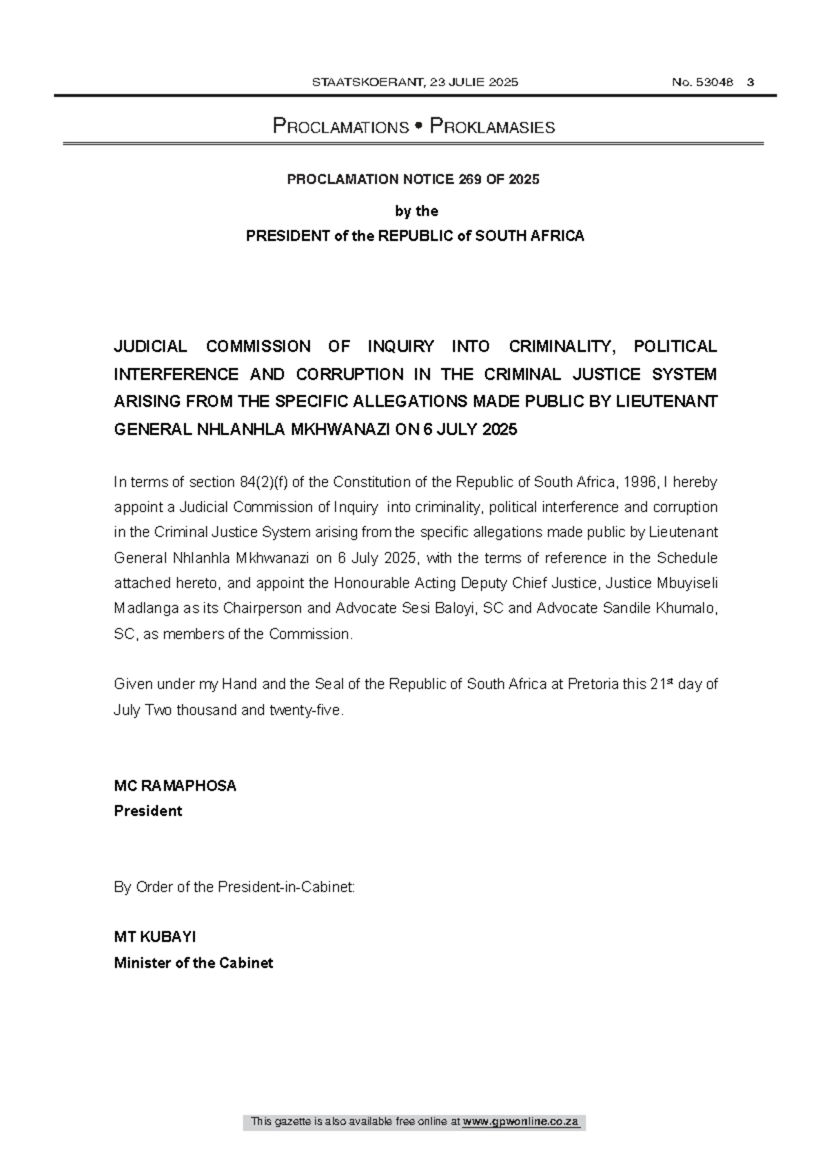 Proclamation Notice 269 of 2025: Madlanga Commission Terms of Reference ...