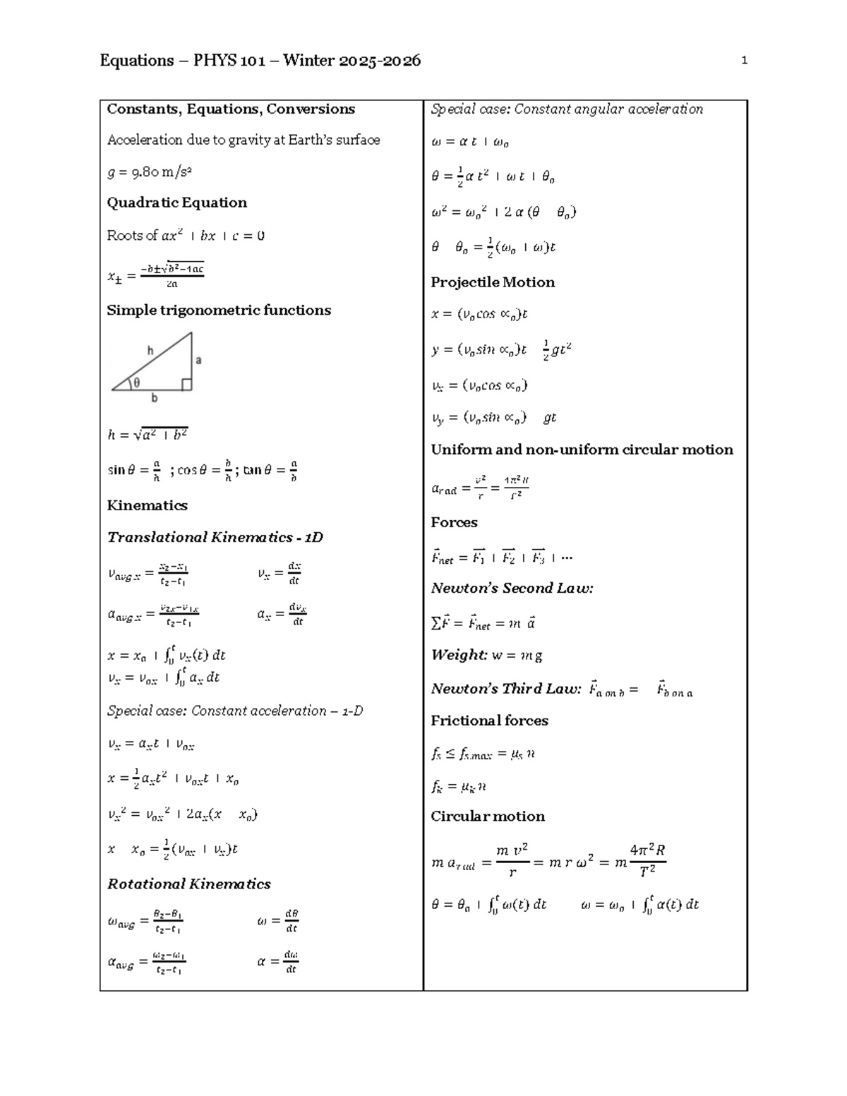 Final Exam Equations PHYS 101 Winter: Constants & Conversions - Studocu