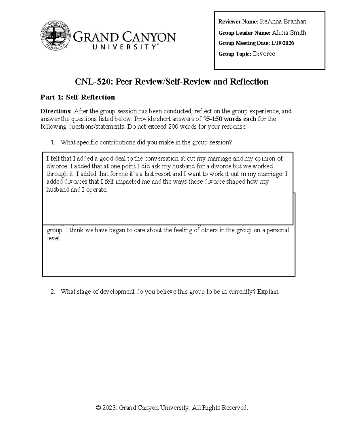 CNL 520 RS T2 7 Divorce Peer Reflection and Group Dynamics Analysis ...