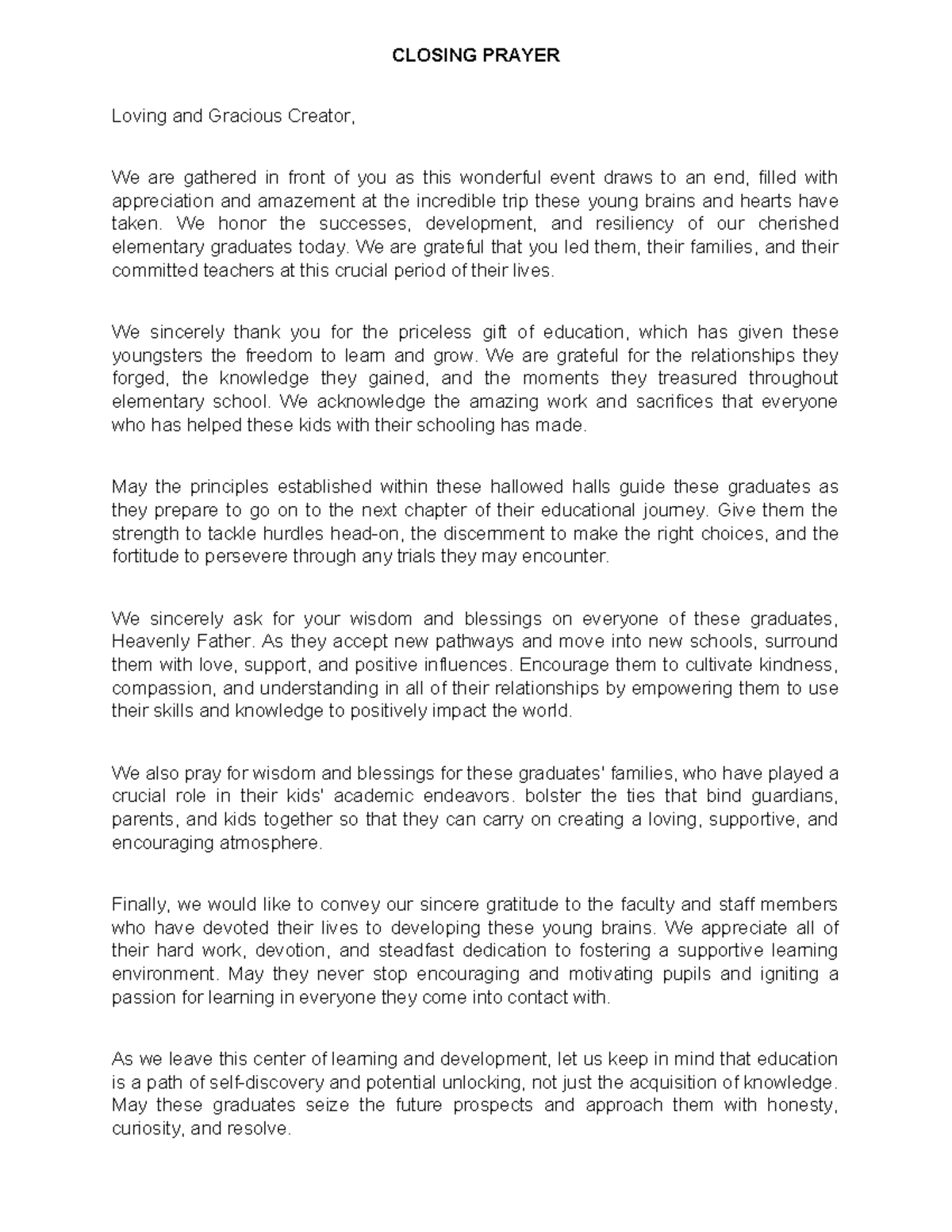 Closing Prayer - CLOSING PRAYER Loving and Gracious Creator, We are ...