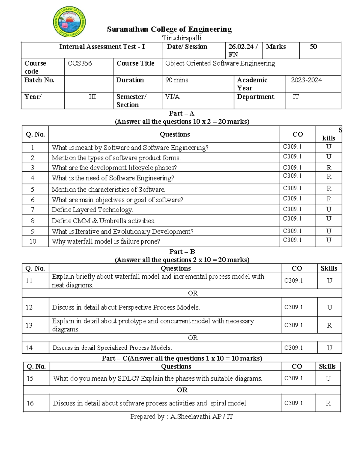 CCS356 Internal Assessment Test I: Object Oriented Software Engineering ...