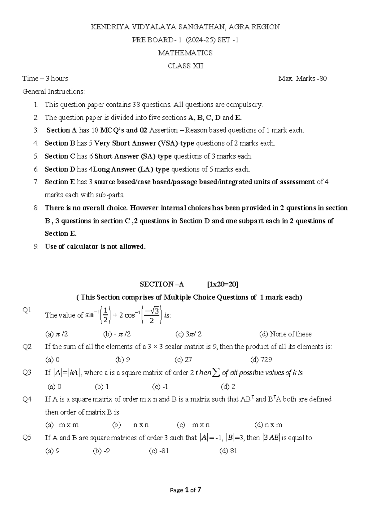 QP - Pre Board 1 (SET 1) Class XII Maths Practice Paper 2024-25 - Studocu