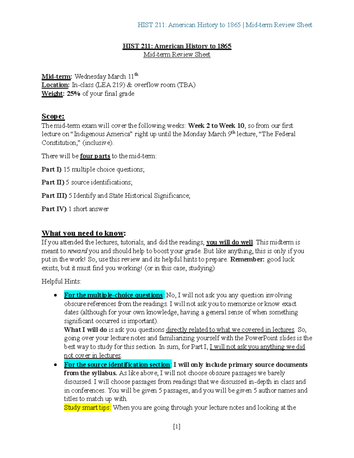 HIST 211: Midterm Review Sheet for American History to 1865 - Studocu