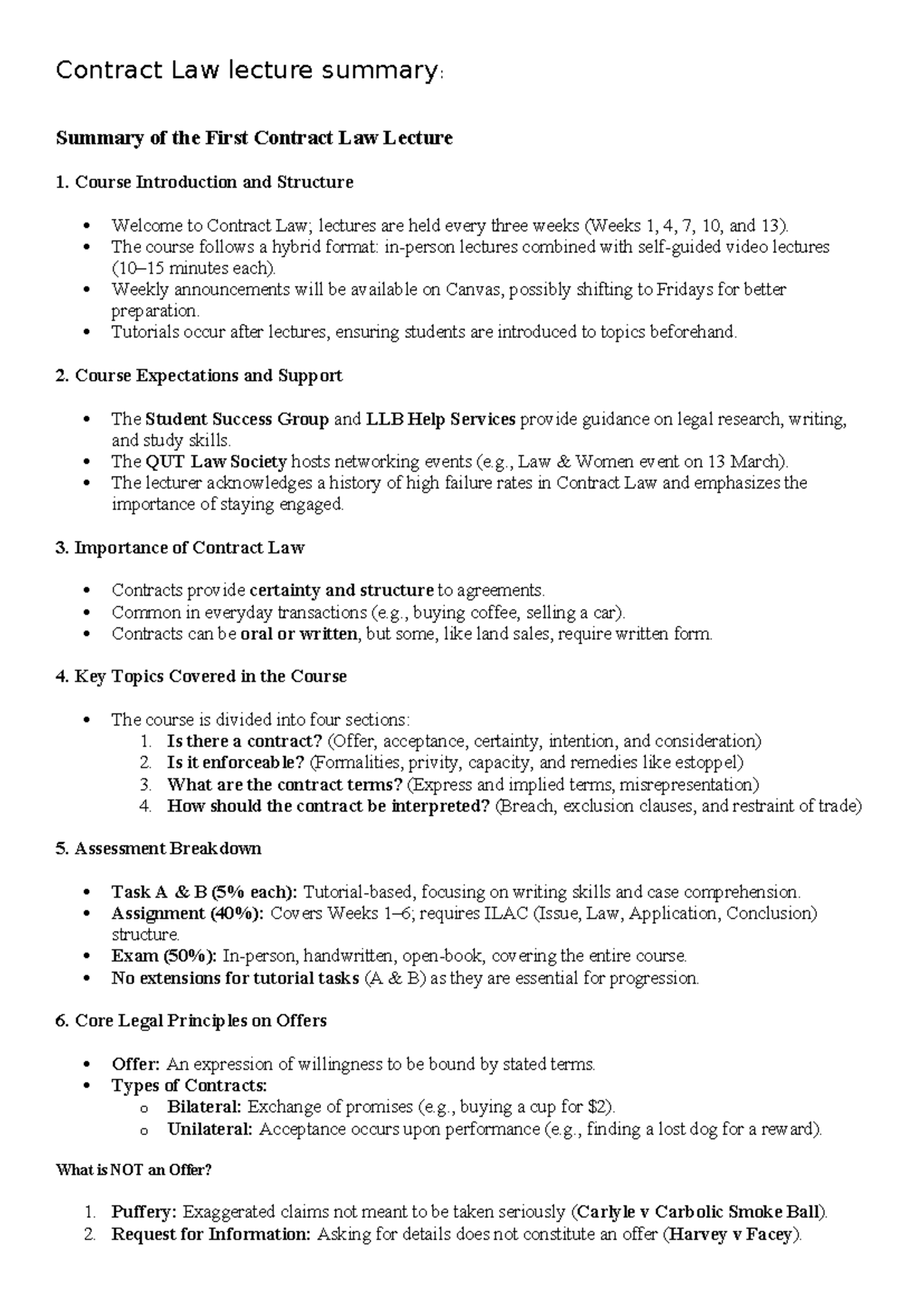 LLB202 - Contract Law Lecture 1 Summary: Course Intro & Key Concepts ...