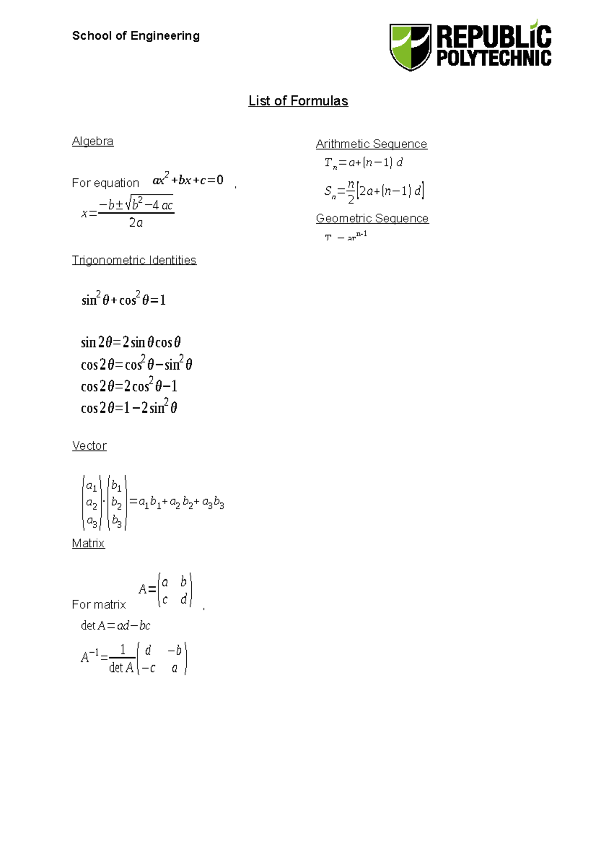 Mathematics Formula Sheet for Mid Term - School of Engineering ...