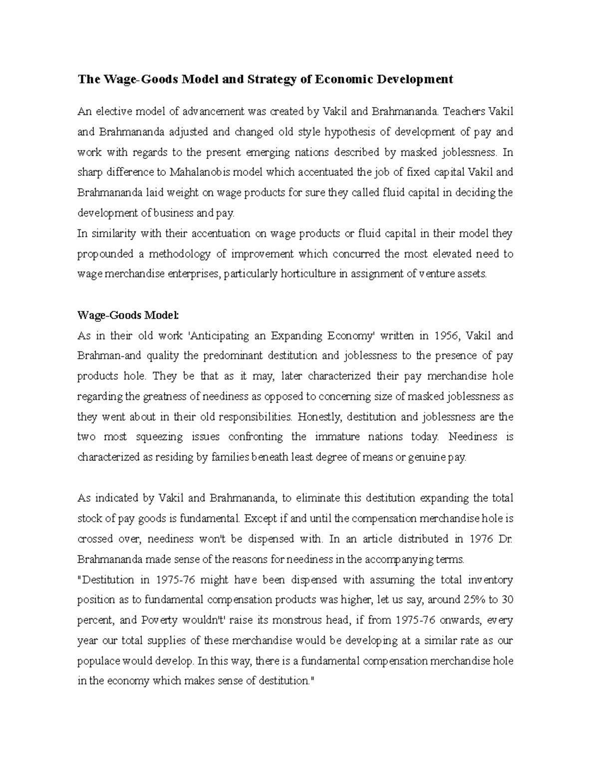 Wage-Goods Model and Economic Development Strategy: A Study Guide - Studocu