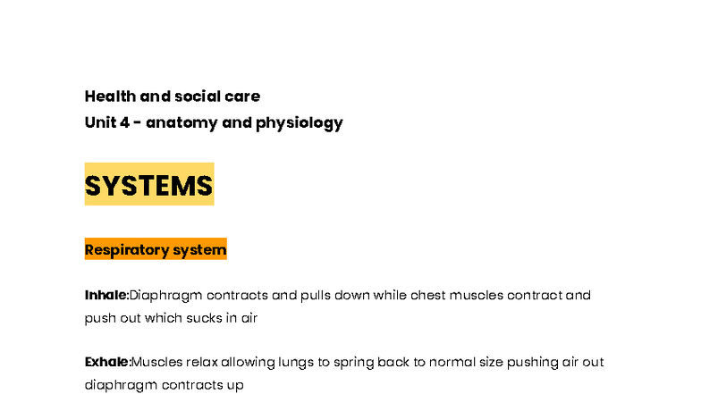 Health and Social Care Unit 4: Anatomy & Physiology Overview - Studocu