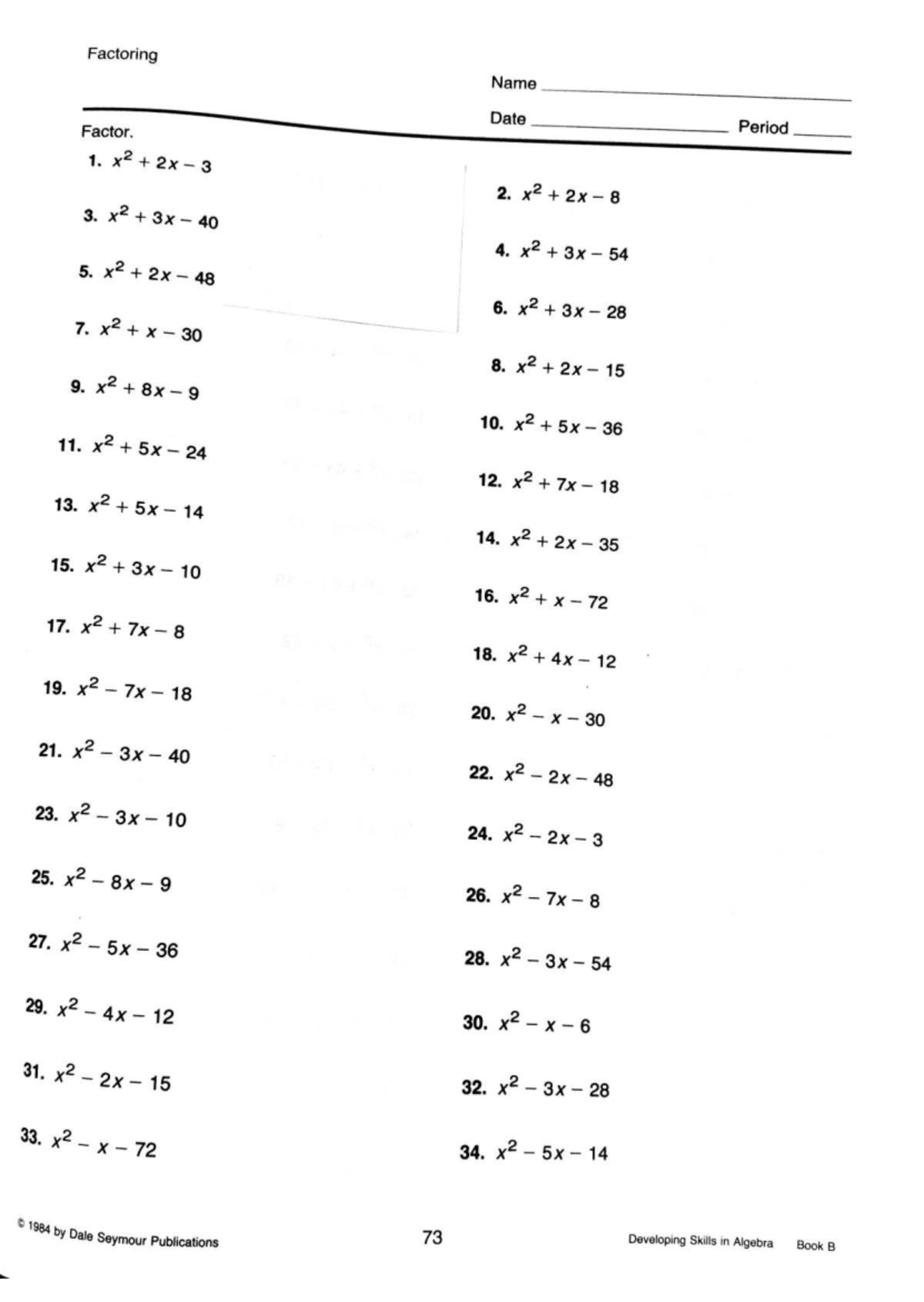 Factoring Practice Problems - DSA, Book B, Page 73 - Studocu