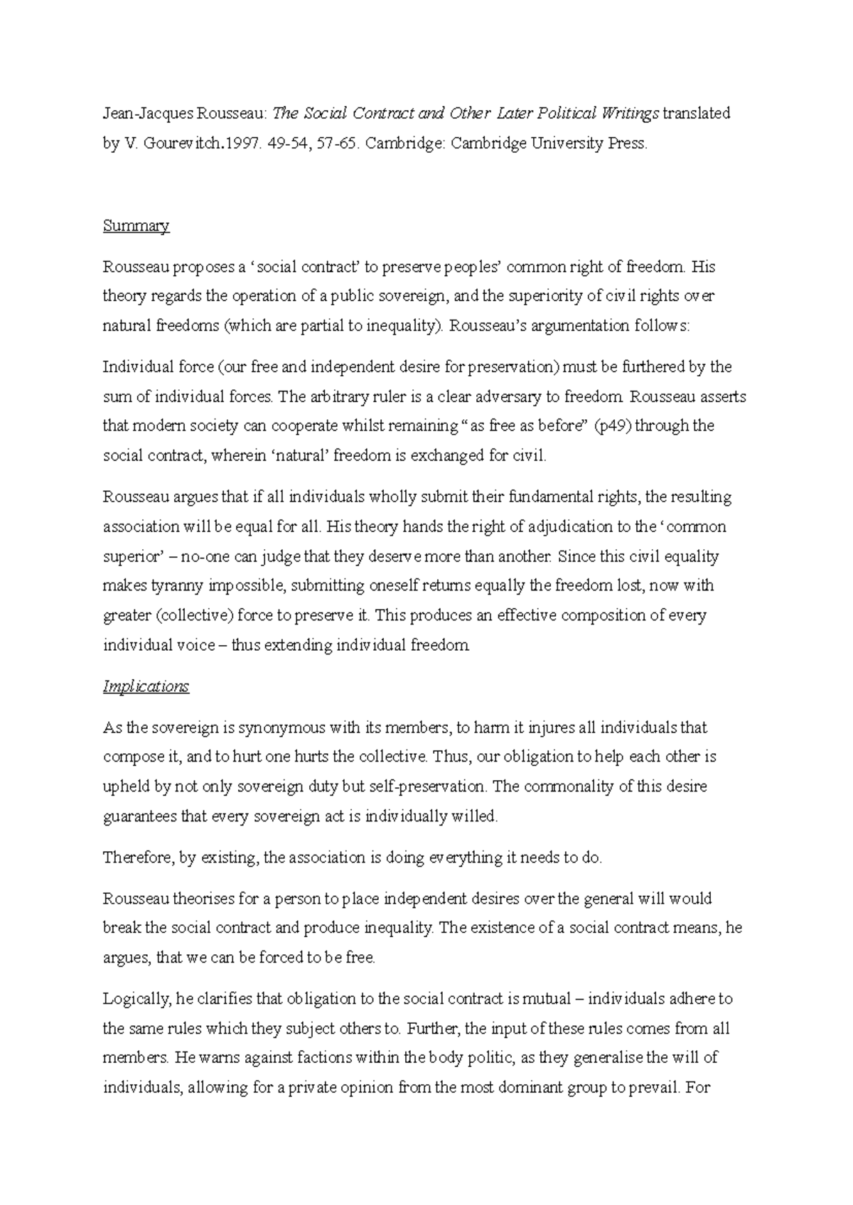 Assignment 1 Reading Note: Rousseau's Social Contract Theory Analysis ...