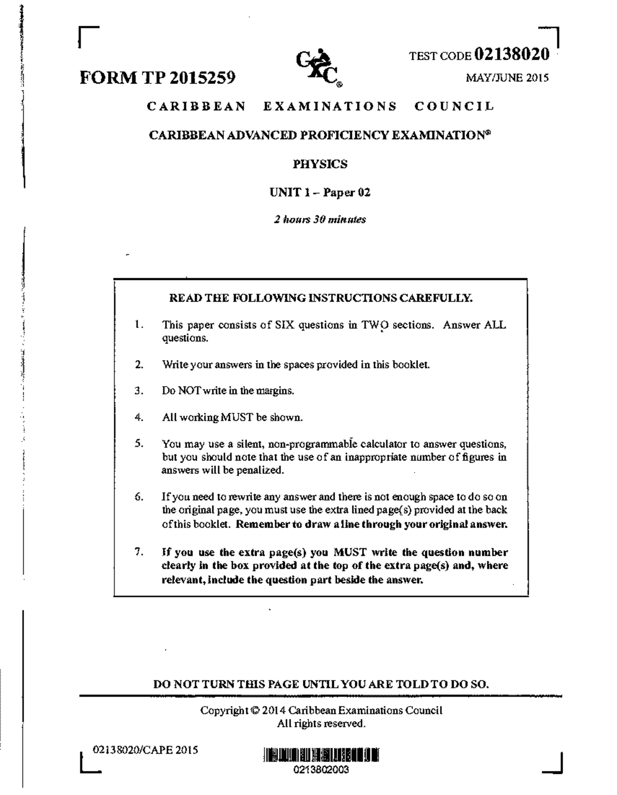 CAPE Physics 2015 Unit 1 Paper 02 Examination Guide - Studocu