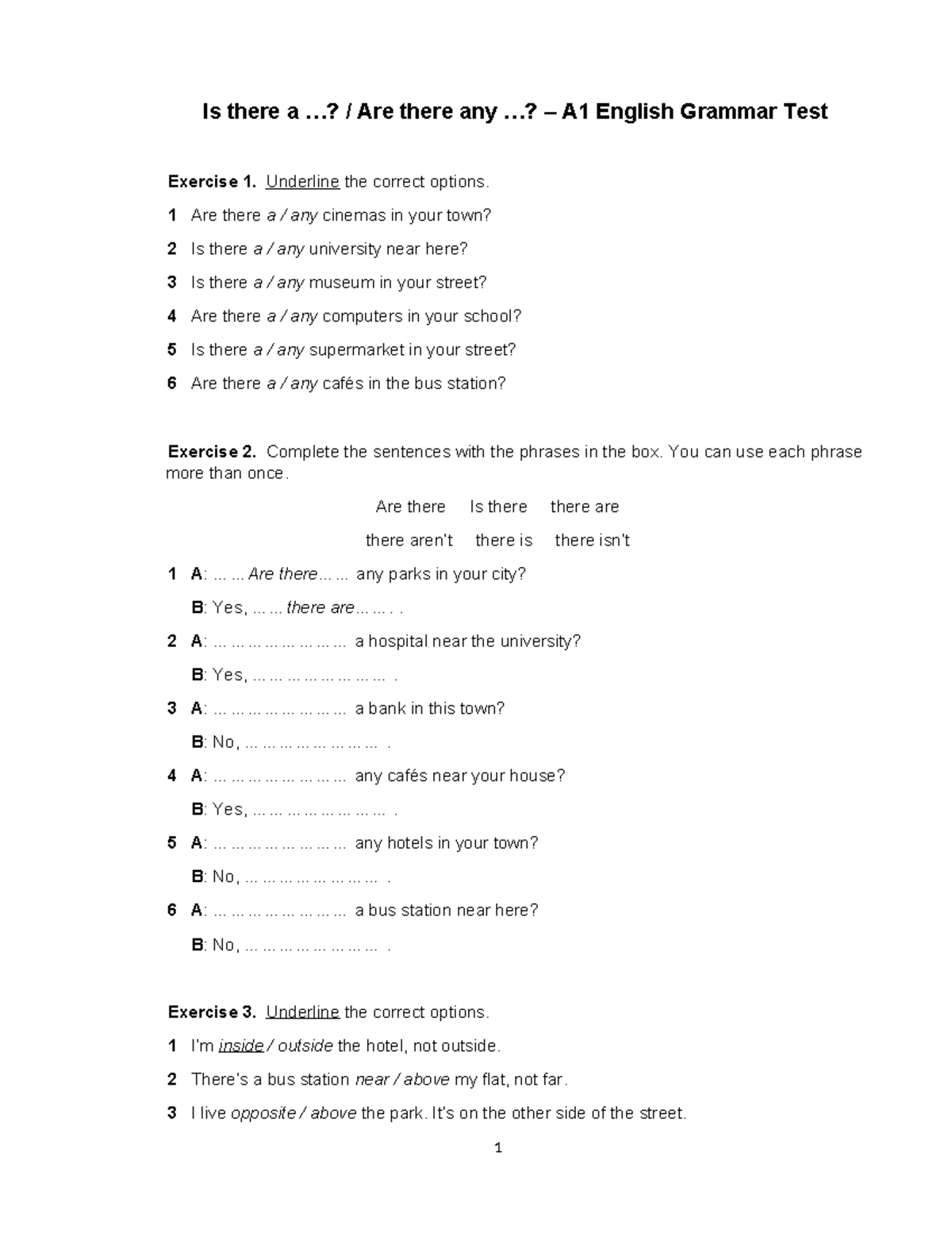 A1 English Grammar Test Exercises: Is There/Are There? - Studocu