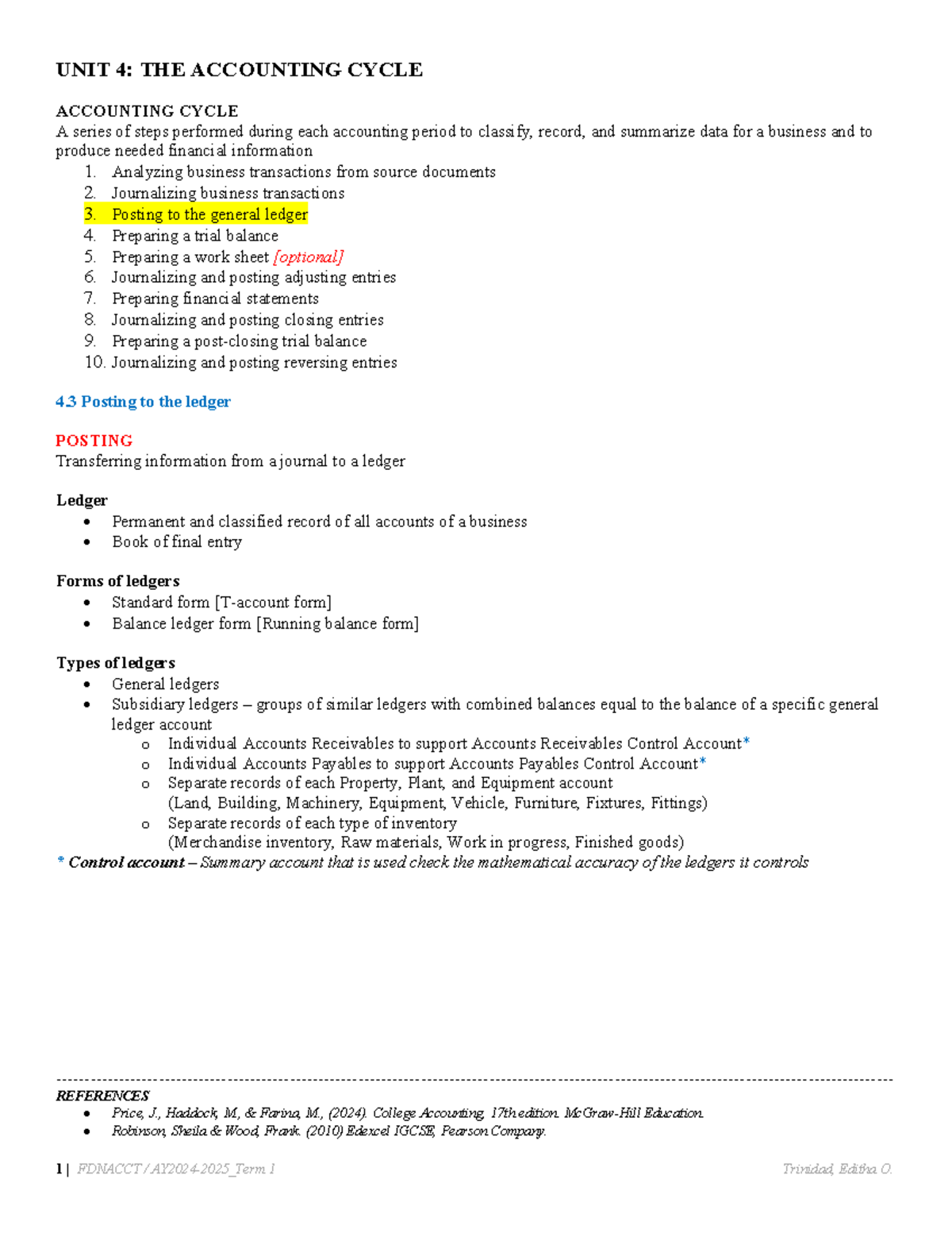F Dnacct Unit 4.3 Posting to the ledger Study Guide - 1 | FDNACCT / AY ...