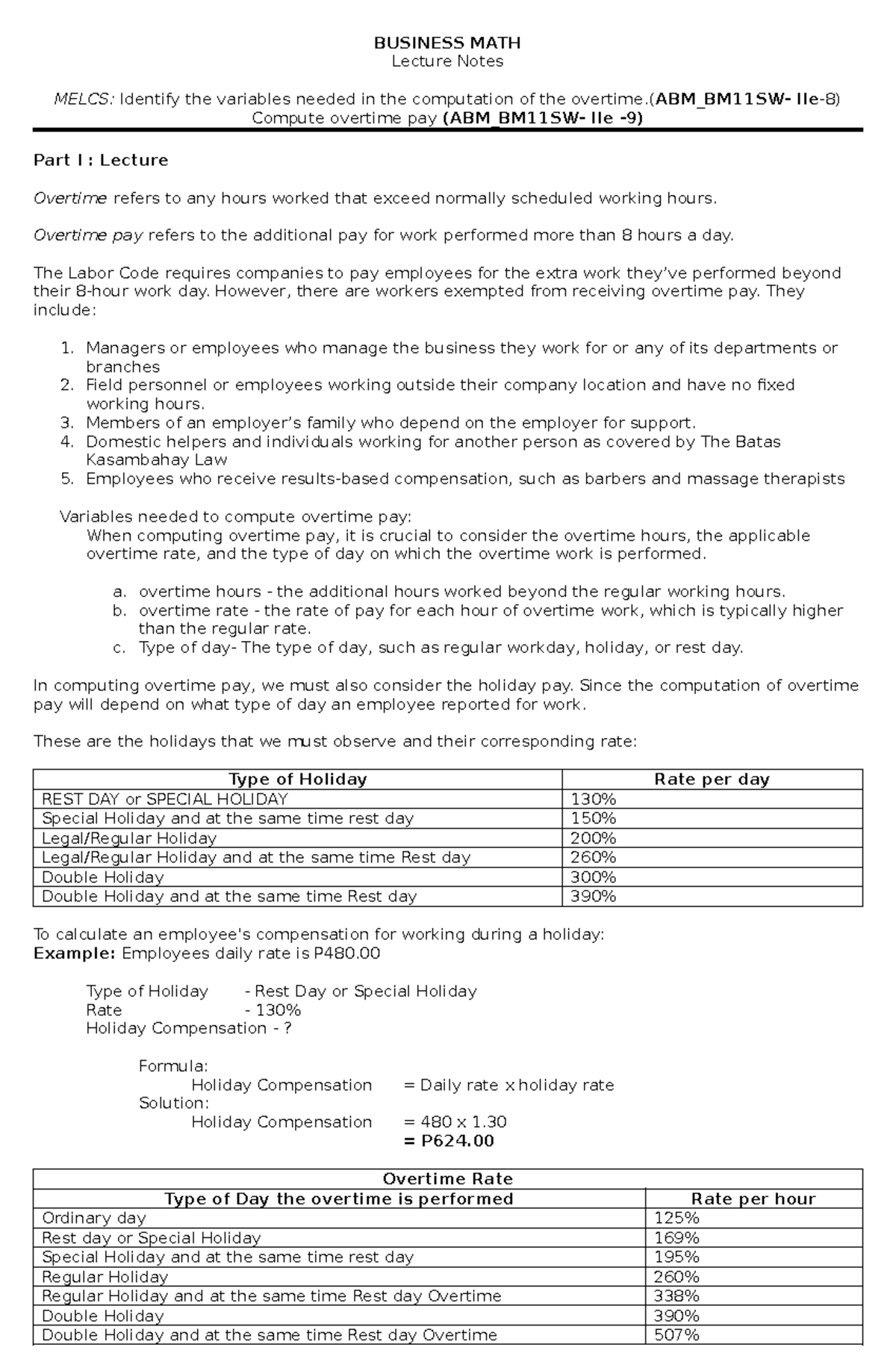 ABM_BM11SW- IIe Business Math Lecture Notes on Overtime Pay - Studocu