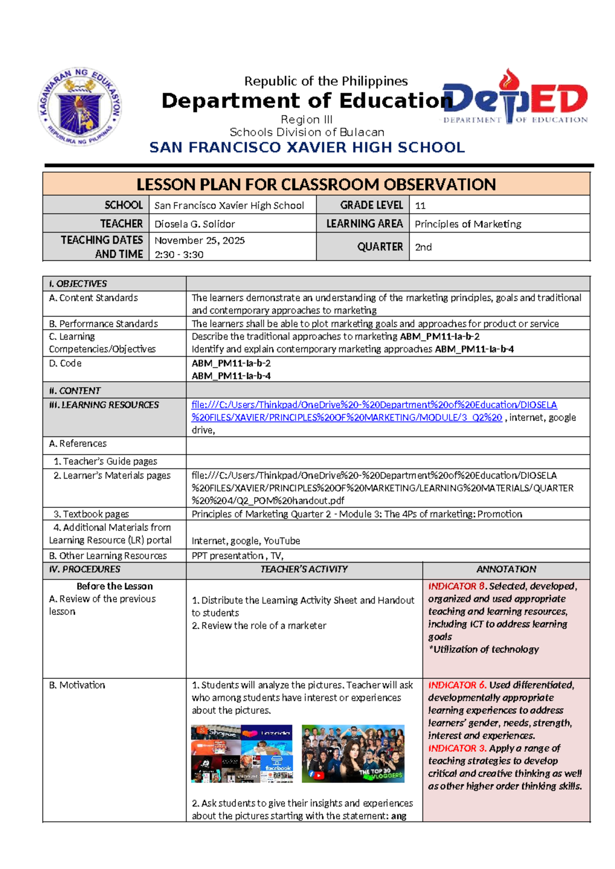 DLP - POM 2025 - Daily Lesson Plan for Principles of Marketing - Studocu