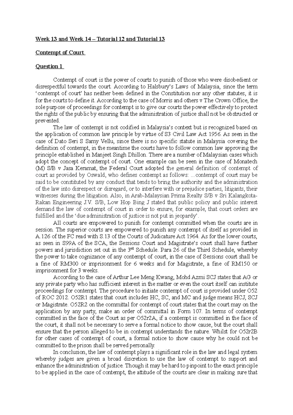 Contempt of Court: Week 13 & 14 Overview - 12345767SBDE - Studocu