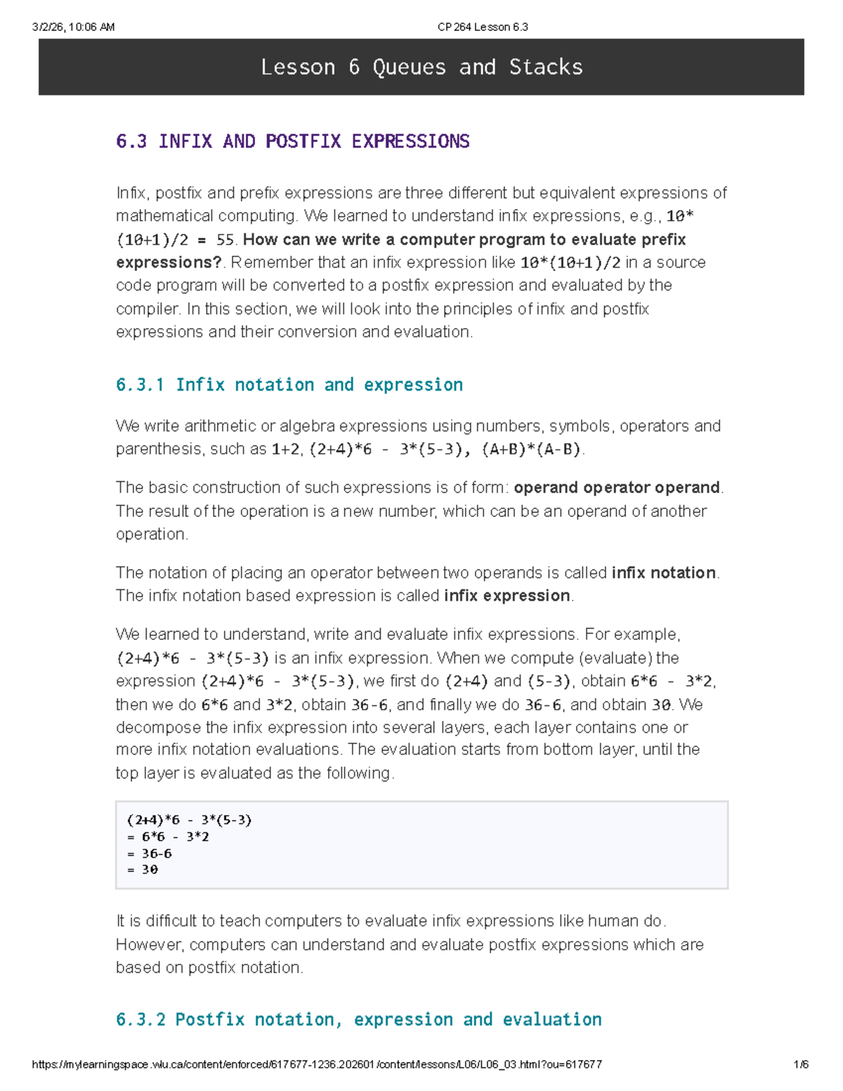 CP264 Lesson 6.3 - Infix and Postfix Expressions Explained - Studocu