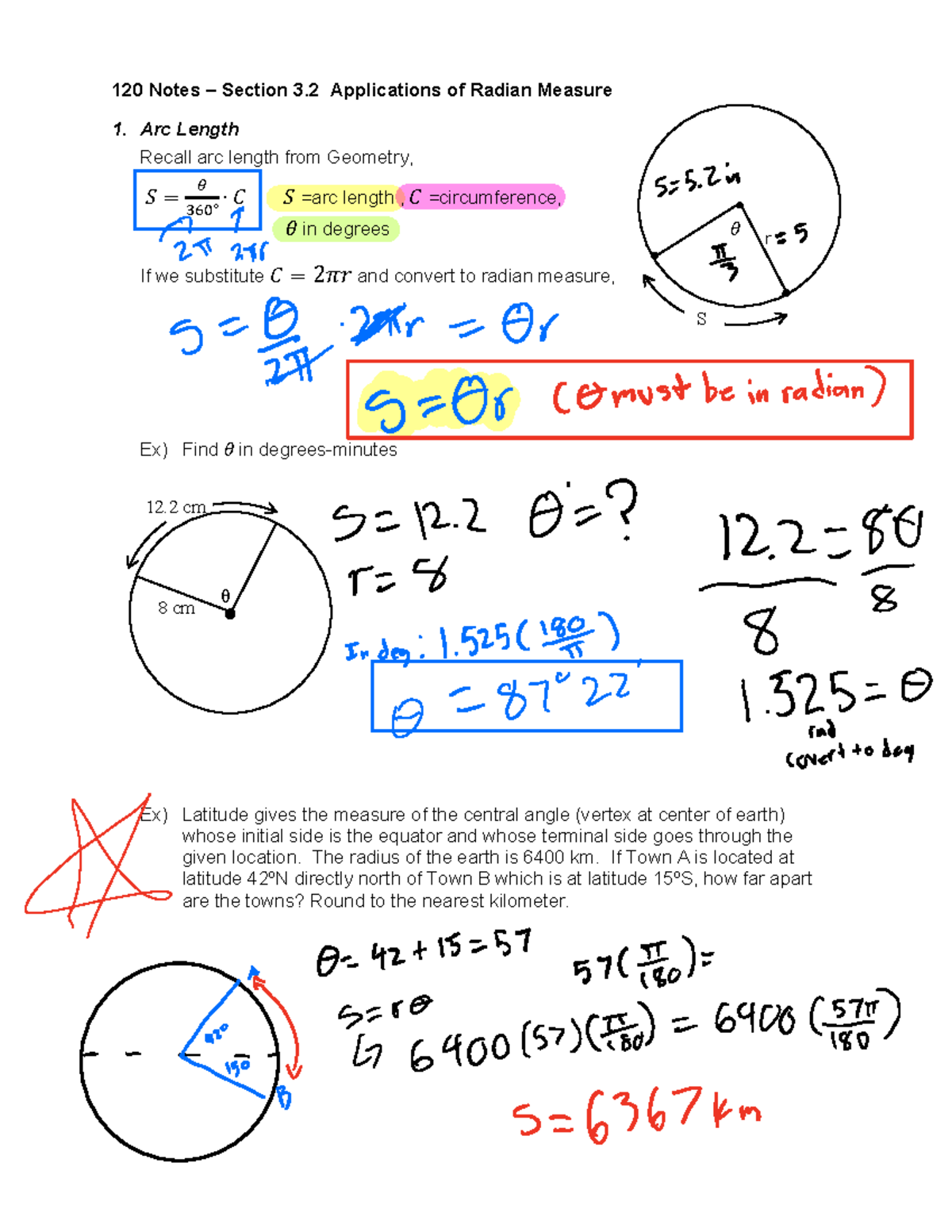 Applications of Radian Measure: Notes and Examples (MATH 101) - Studocu