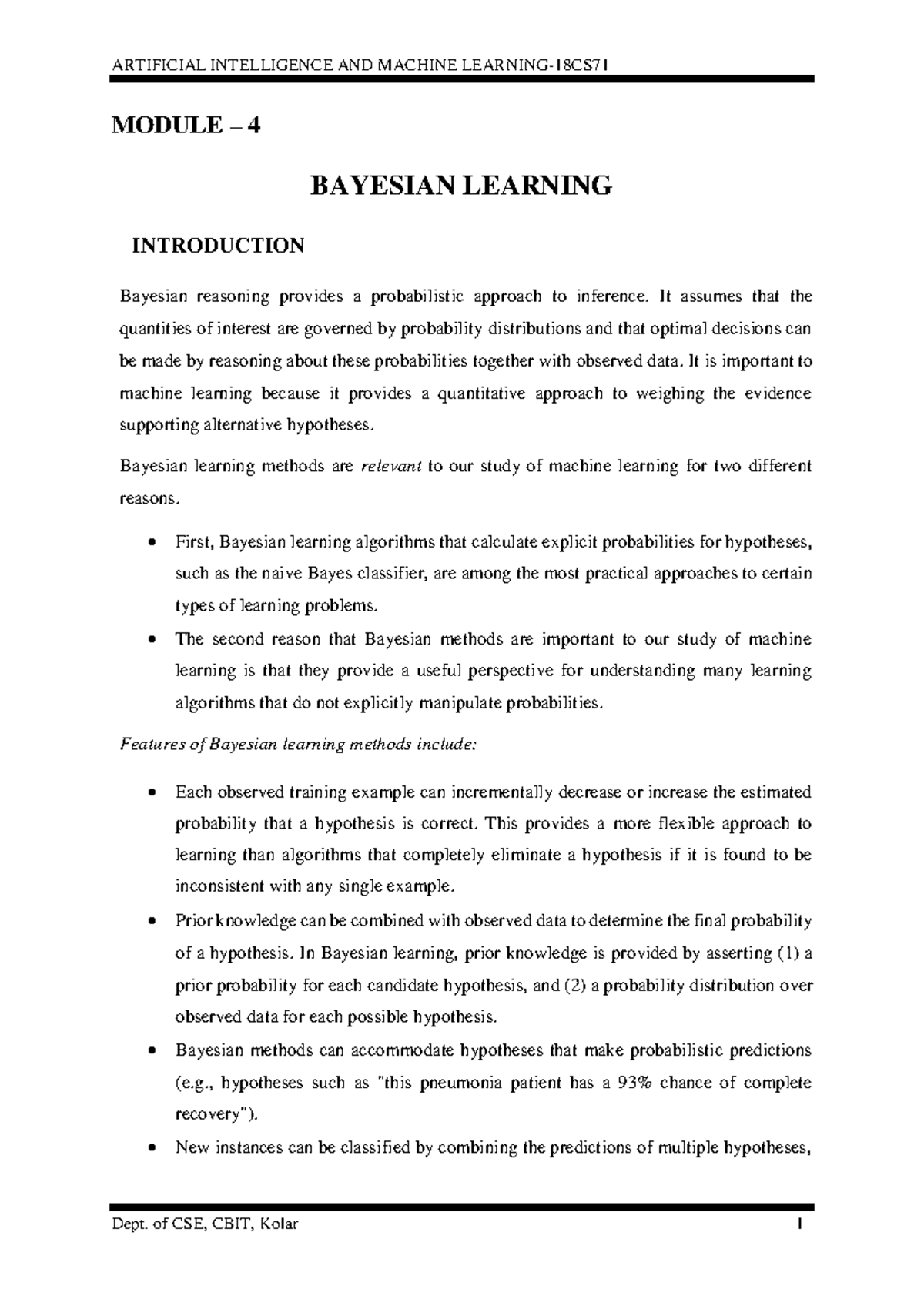 Bayesian Learning in Machine Learning (Module 4 - AIML 2023) - Studocu