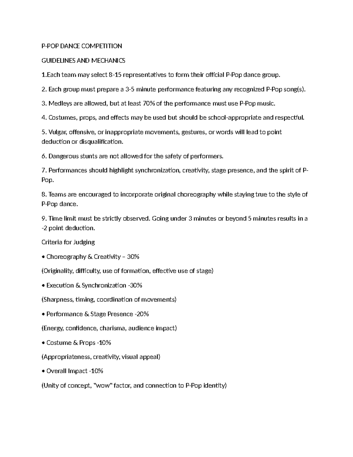 DANCE COMPETITION GUIDELINES (P-POP) - Performance Criteria & Rules ...