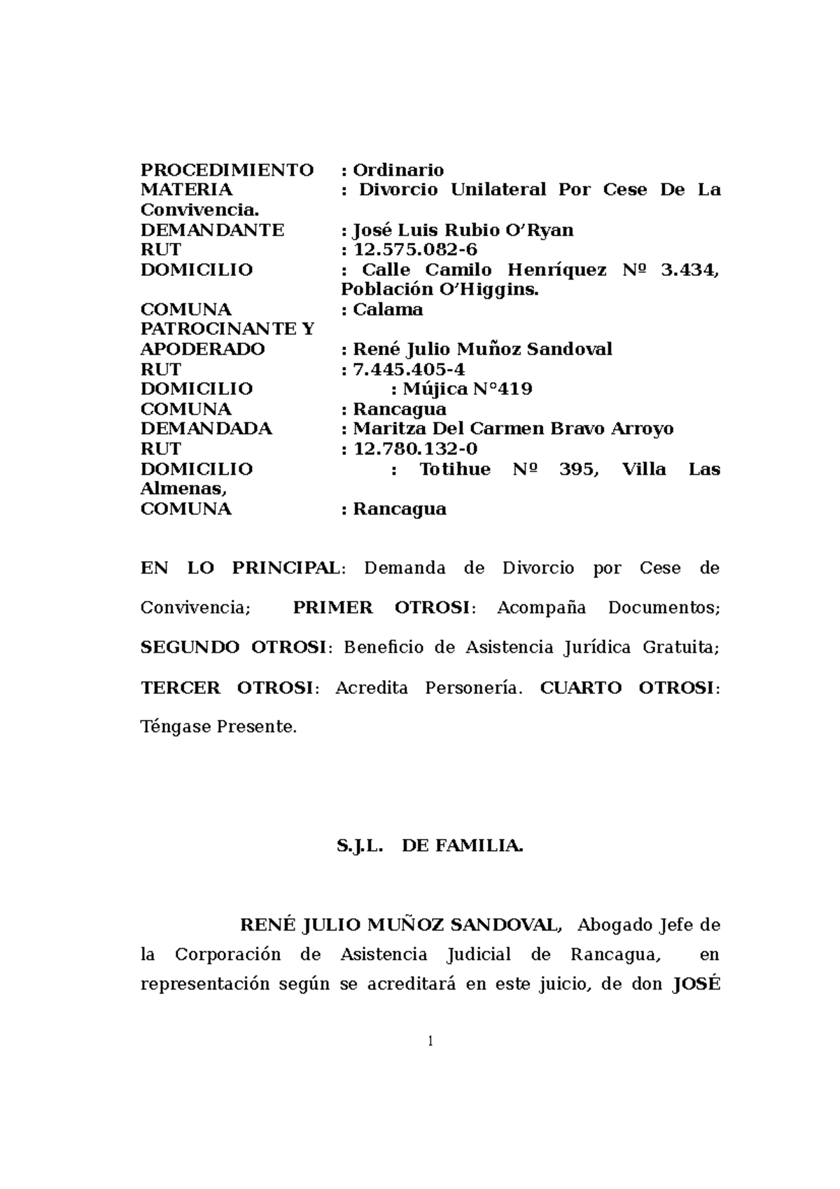 Demanda de Divorcio Unilateral por Cese de Convivencia - S.J.L. - Document Preview