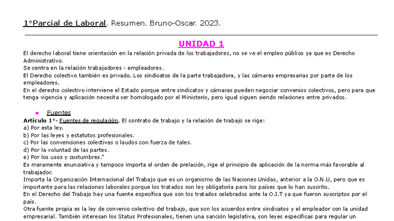 Resumen de Derecho Laboral - UNIDAD 1 y 2: Contratos y Principios - Studocu