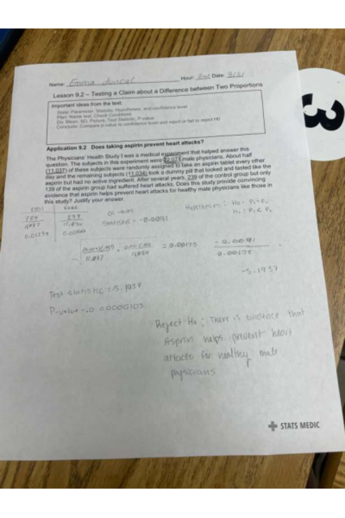 9.2 Z-test answer key for testing a claim about aspirin's effects - Studocu