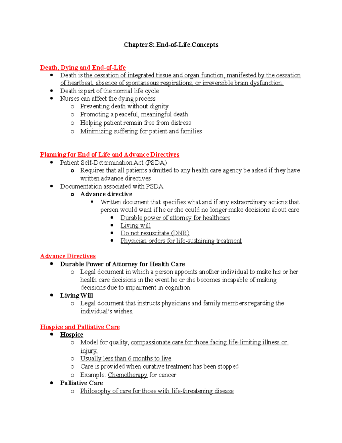 Chapter 8 Med Surg Notes - Chapter 8: End-of-Life Concepts Death, Dying ...