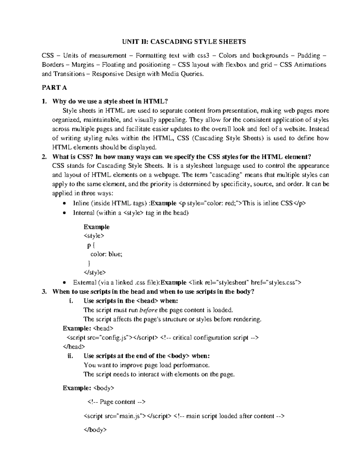 Unit II: CSS Fundamentals - Question Bank for Exam Prep - Studocu
