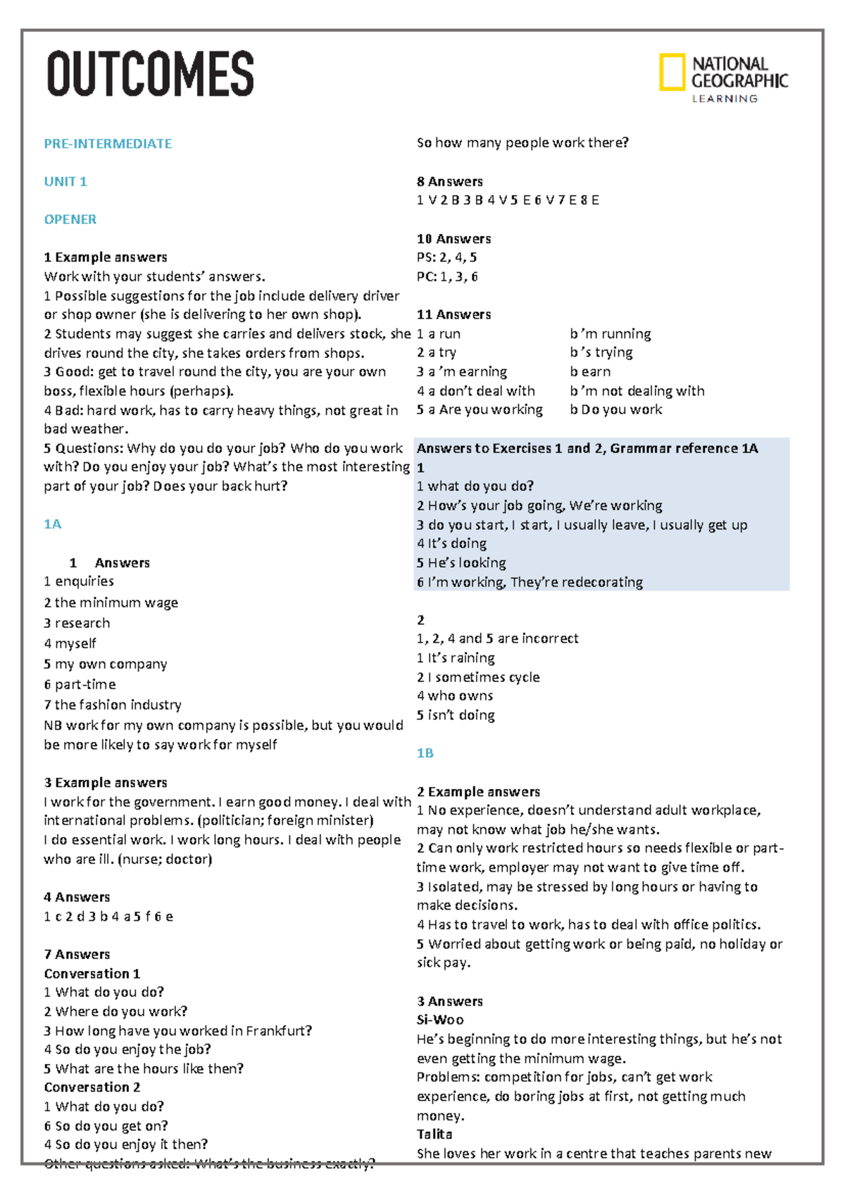 185428 Outcomes 3e Preintermediate Answer Keys All Units - PRE ...