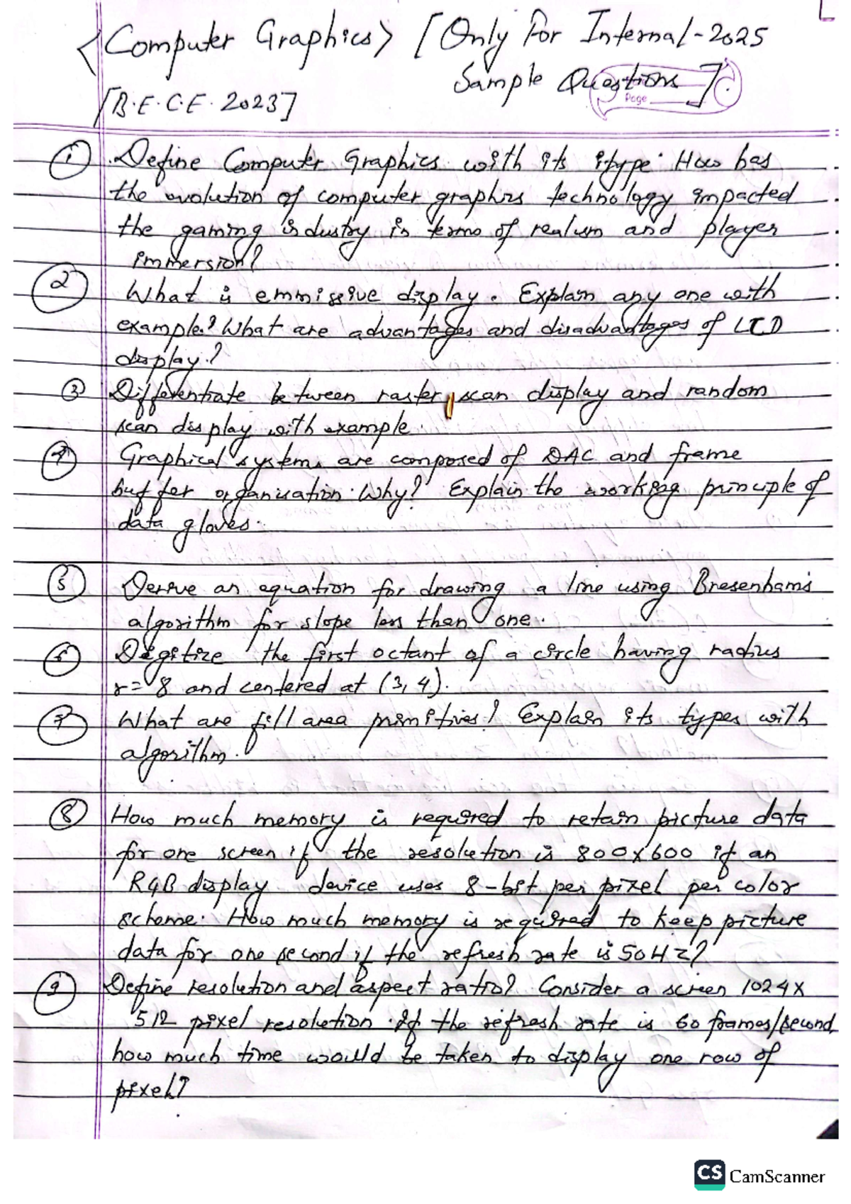 CS Final Exam: Computer Graphics Question Bank for B.E.C 2025 - Studocu