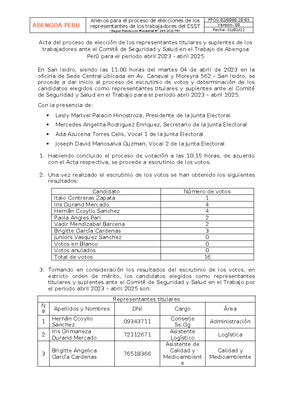 Acta del Proceso de Elección de Representantes CSST Abengoa Perú 2023 ...