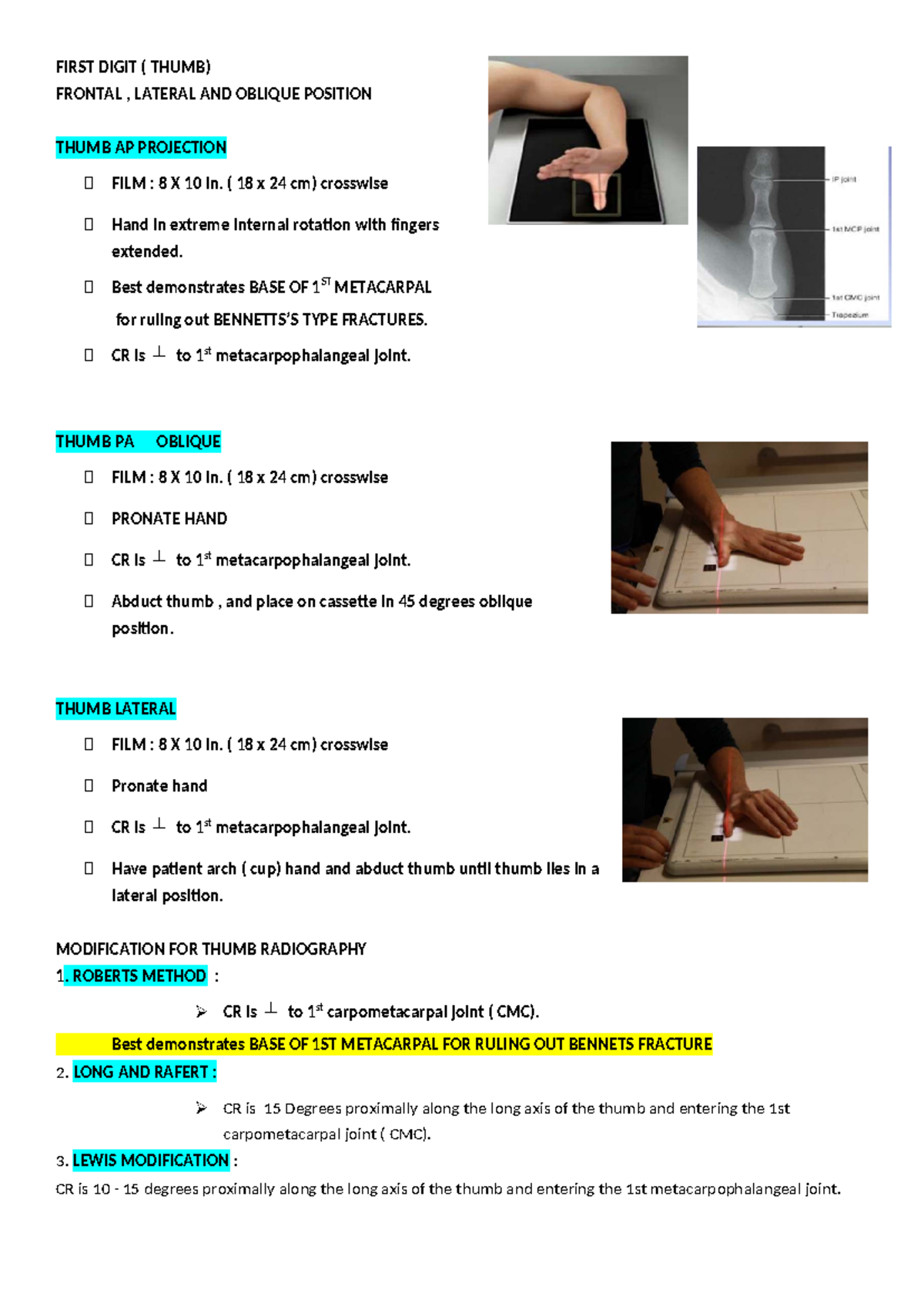 Radiologic Positioning Techniques for Thumb and Wrist Projections - Studocu