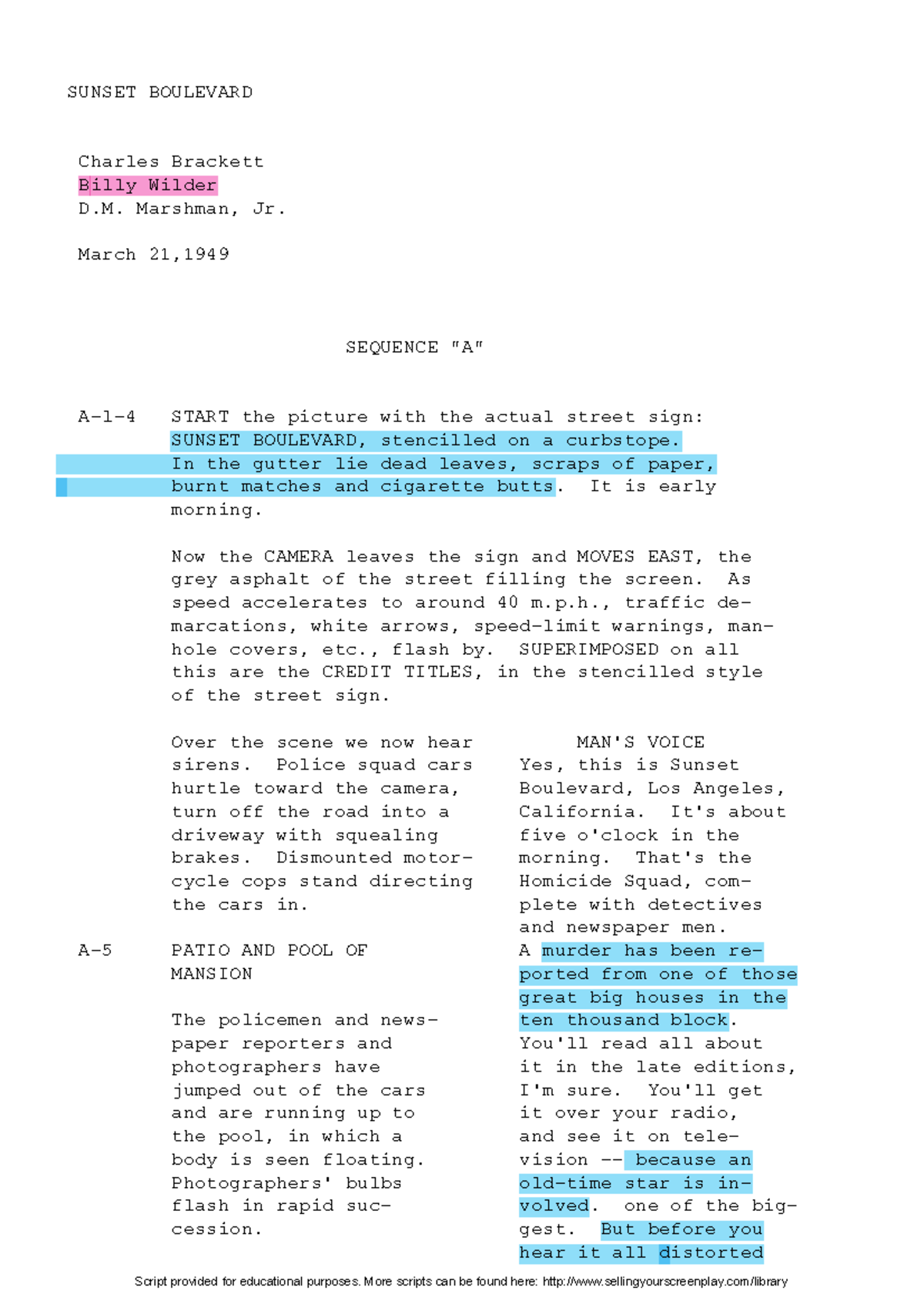 SUNSET BOULEVARD: A Screenplay Analysis (Course Code: FILM101) - Studocu