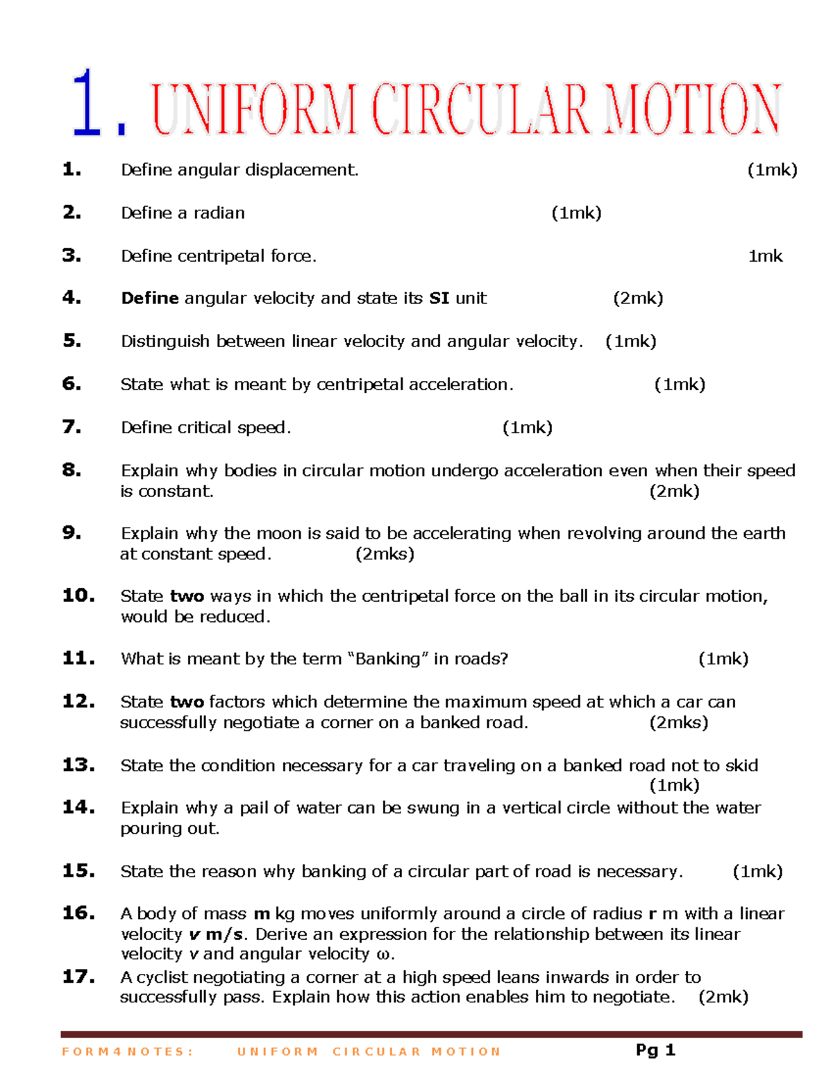 PHYS 101: Final Exam Notes on Uniform Circular Motion - Studocu