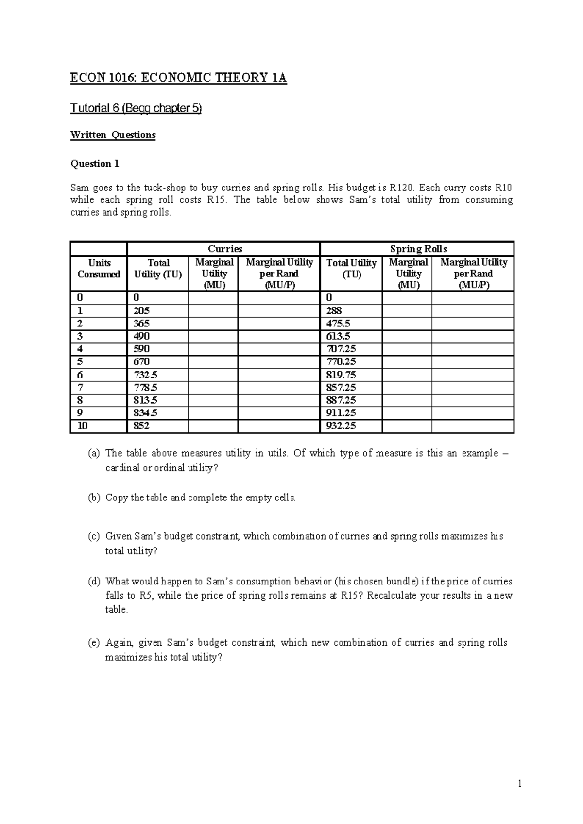 ECON 1016: Micro Tutorial 6 - Utility Maximization & Budget Constraints ...