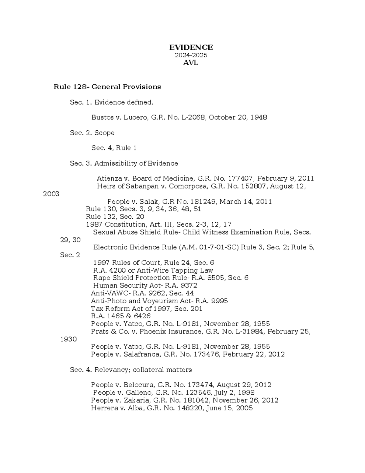 EVIDENCE SYLLABUS 2025: Key Rules and Case Summaries - Studocu