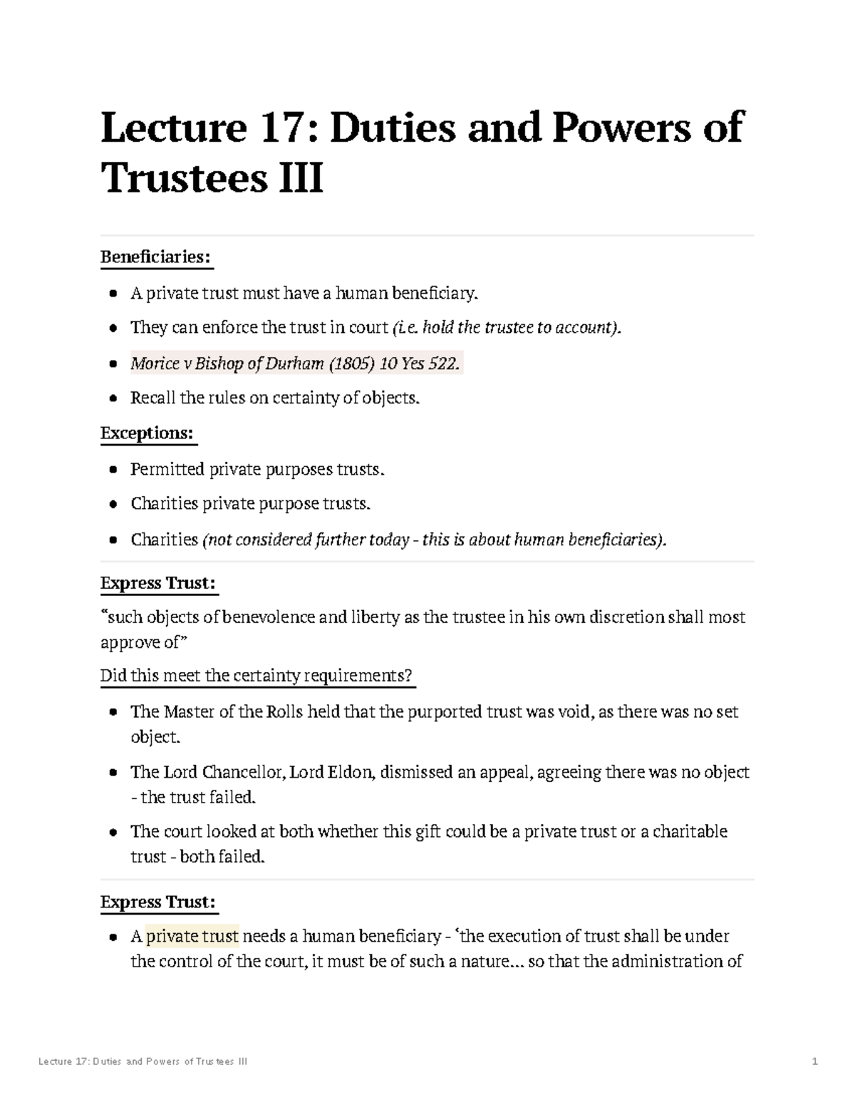Lecture 17: Duties and Powers of Trustees - Human Beneficiaries and ...