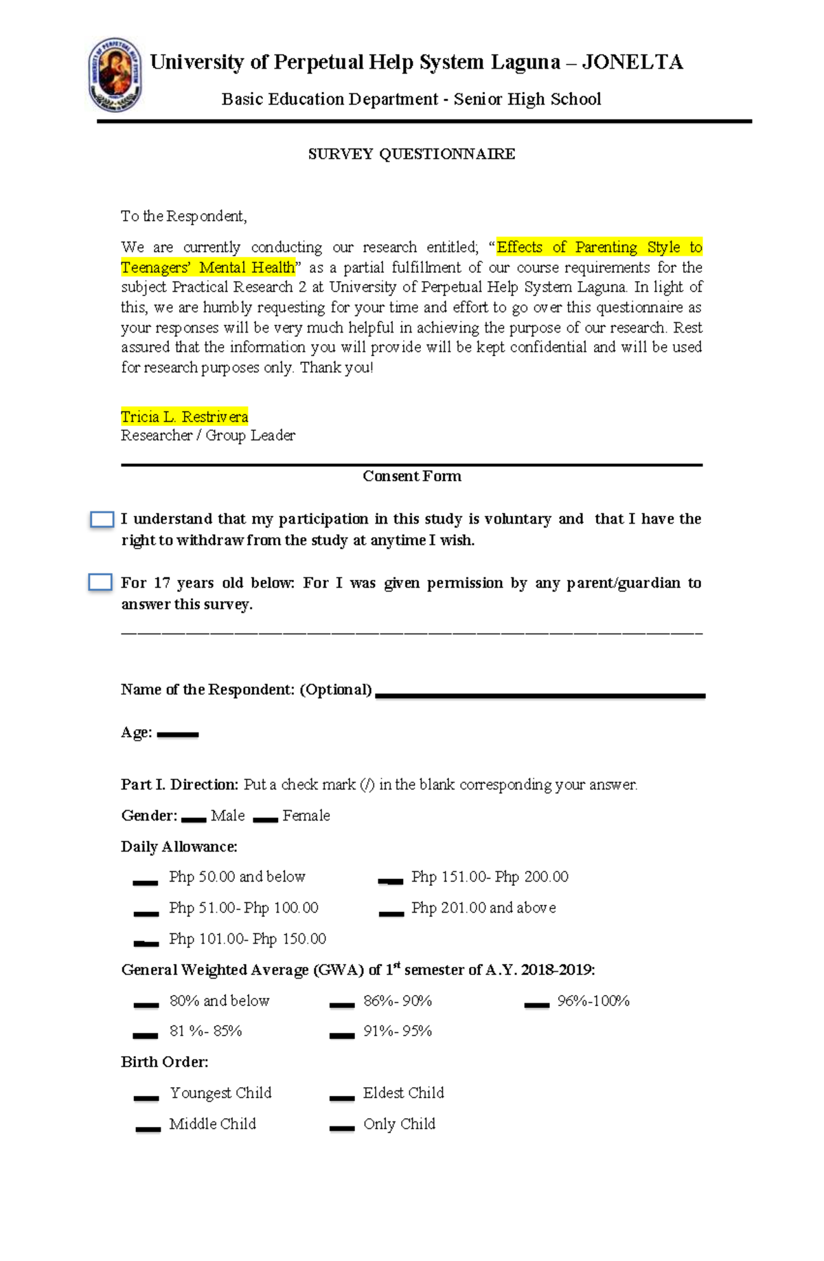 Survey Questionnaire on Parenting Style & Mental Health - PR2 - Studocu