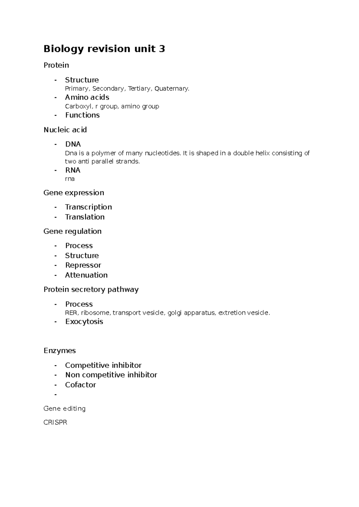 Bio revision - Biology revision unit 3 Protein - Structure Primary ...