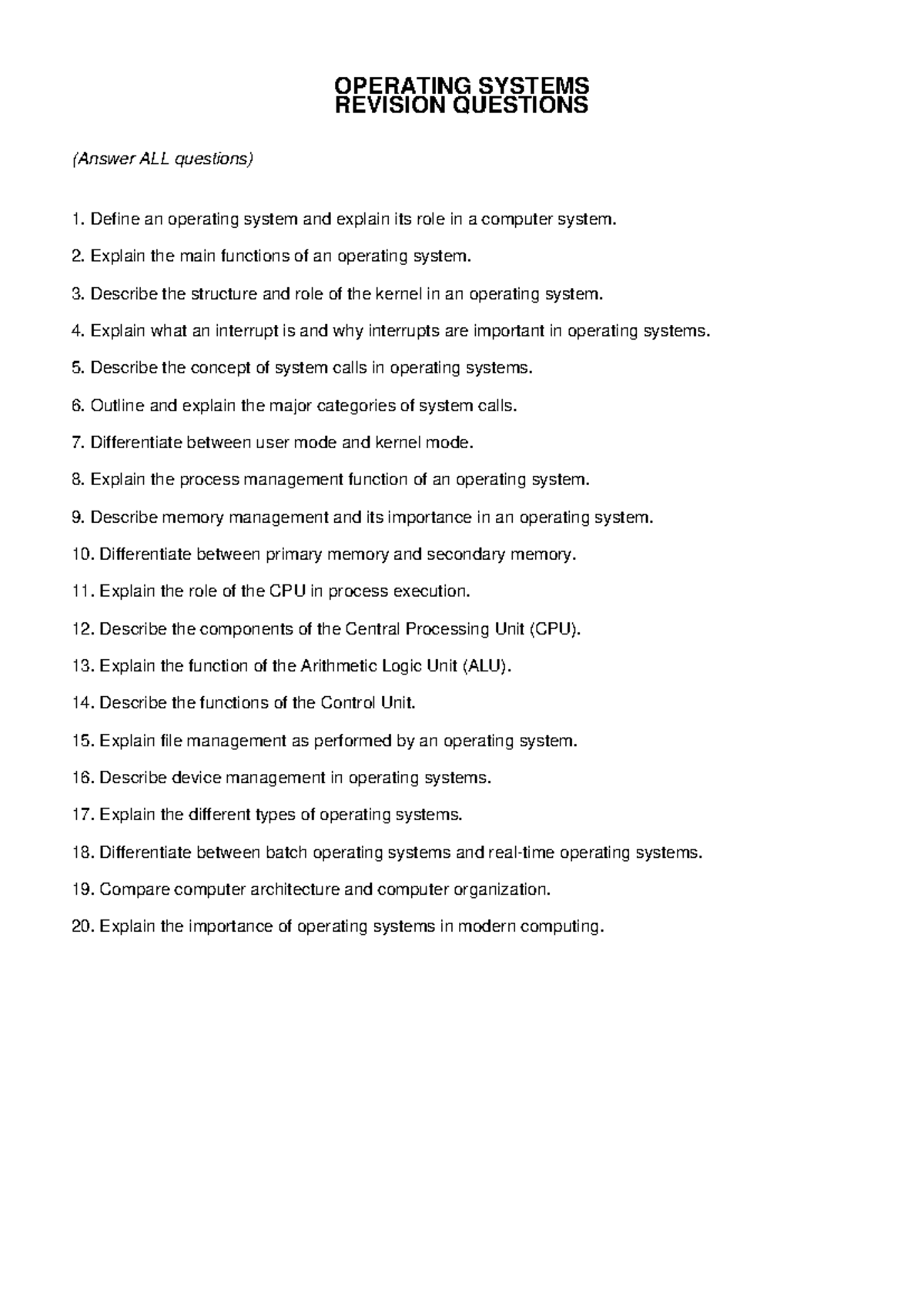 OS Revision Questions: Key Concepts & Functions Explained - Studocu