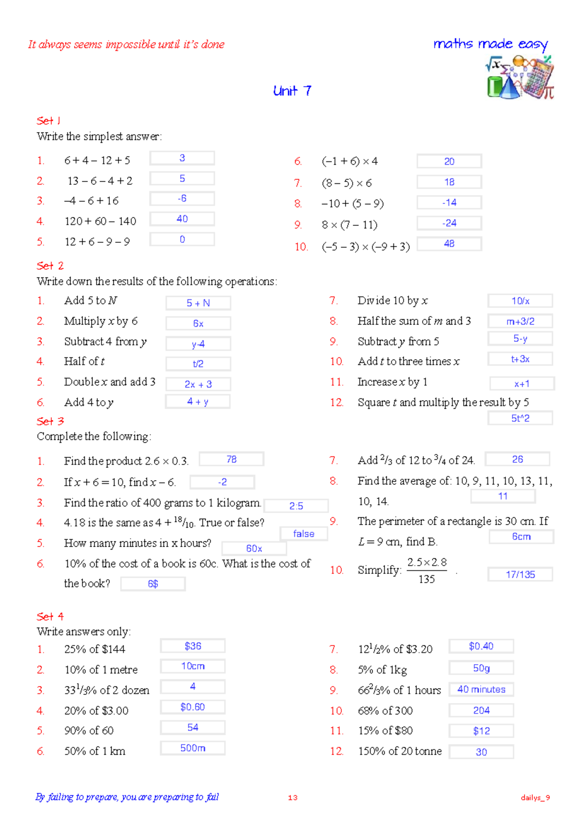 MATHS 9 Daily Unit 7 Practice Sets and Solutions - Studocu