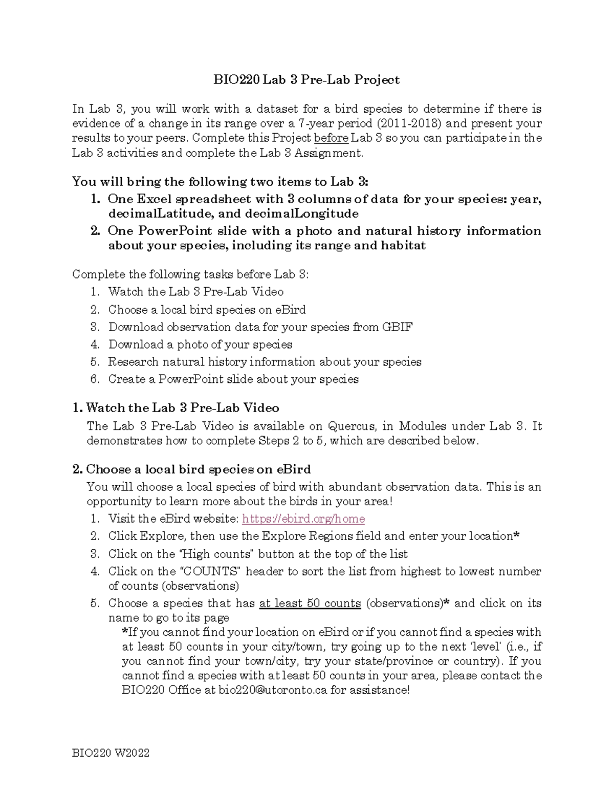 BIO220 Lab 3 Pre-Lab Project Instructions and Guidelines W2022 - Studocu