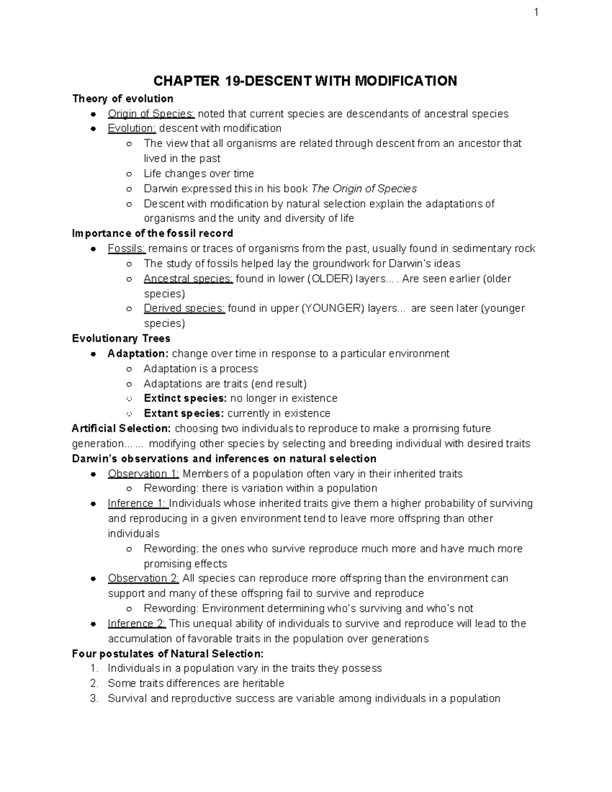 Bio 191 - Exam #1 Study Guide: Evolution and Natural Selection Overview ...