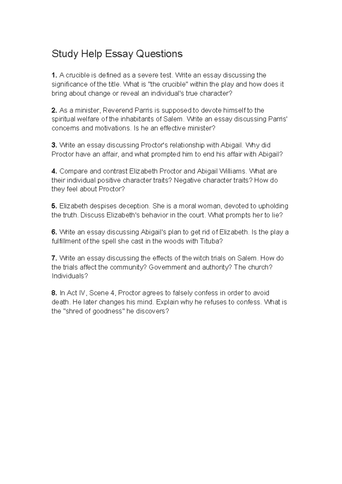 ENG 101: Essay Questions on The Crucible - Study Help Guide - Studocu