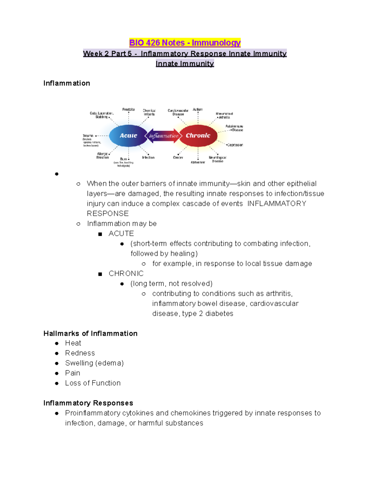 BIO 426 Week 2 Lecture Notes Part 5 - Inflammatory Response Innate ...