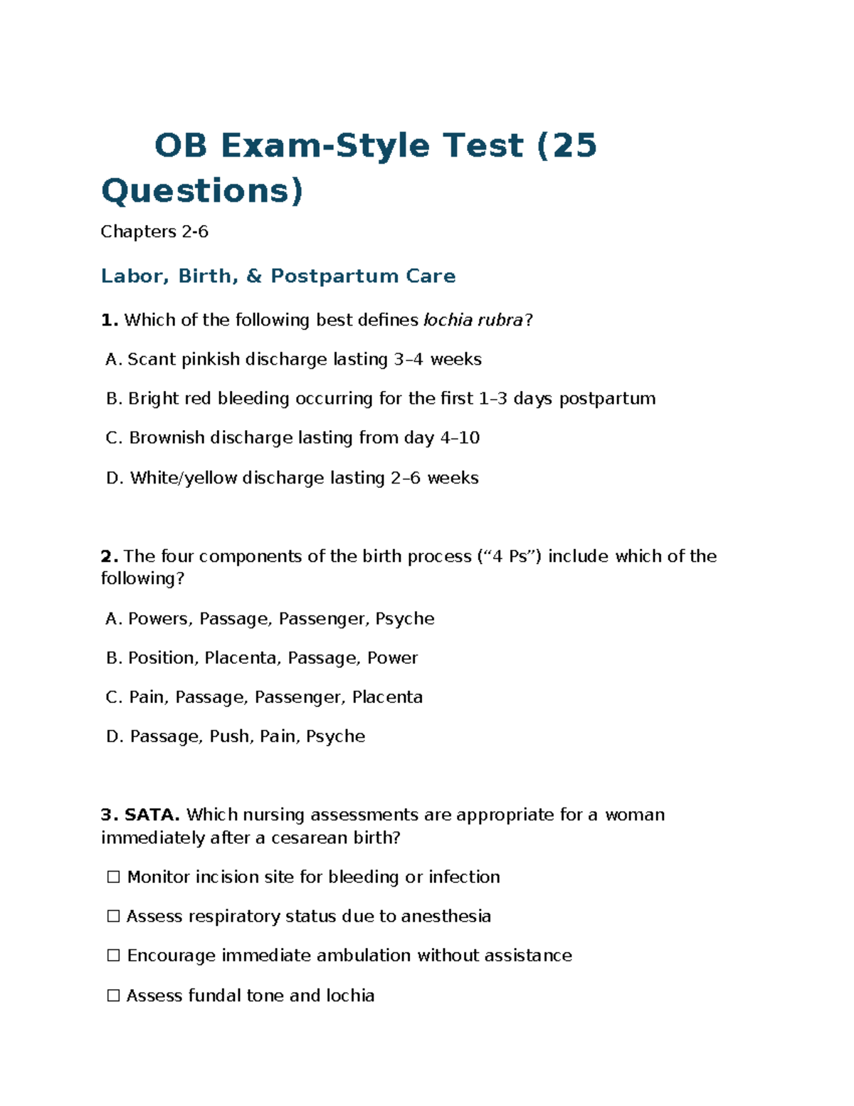 OB Practice Quiz: Labor, Birth & Postpartum Care (25 Qs) - Studocu