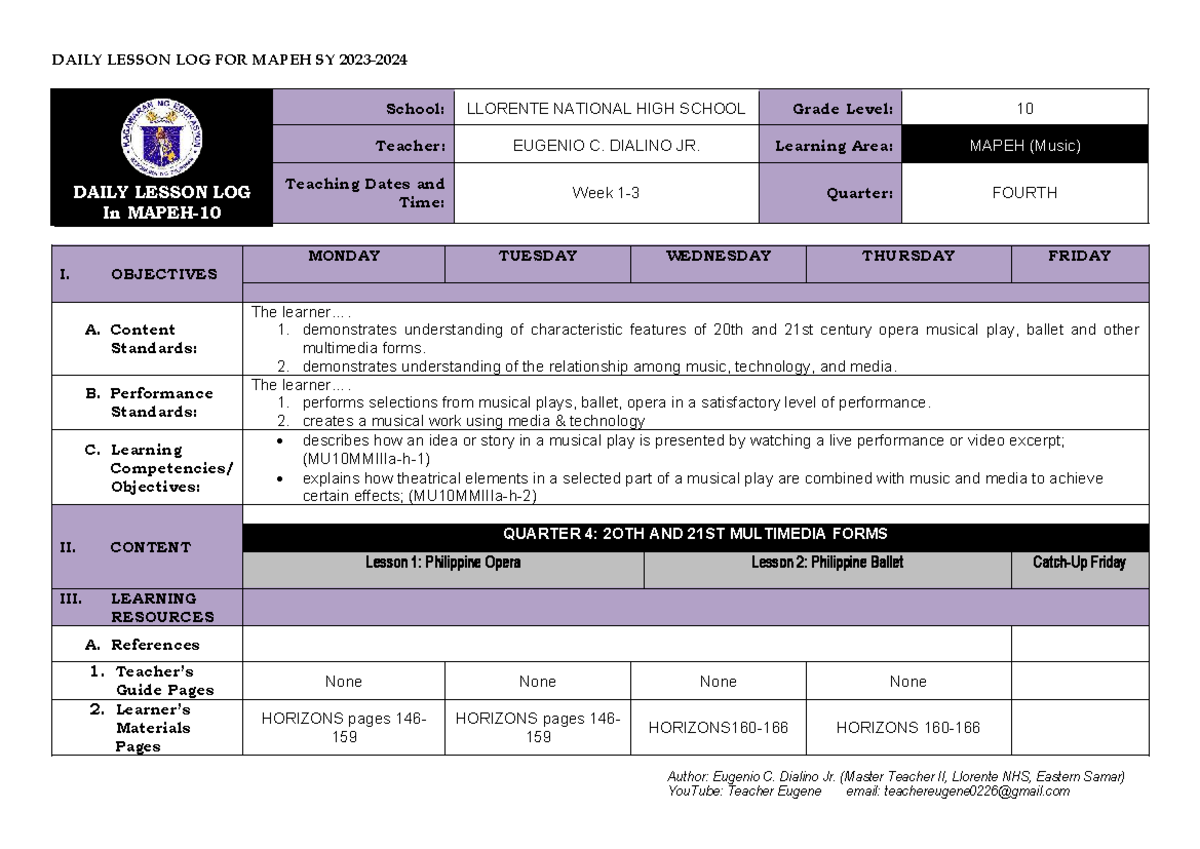DAILY LESSON LOG FOR MAPEH G10 SY 2023: 20th & 21st Century Opera - Studocu