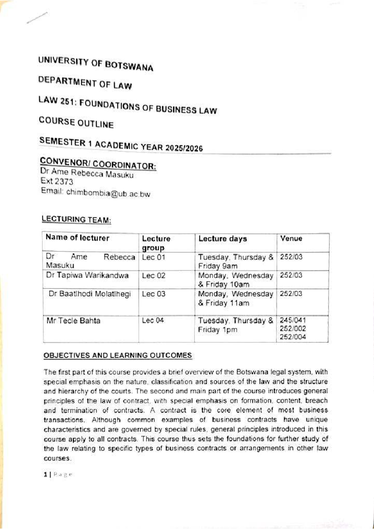 LAW 251: Foundations of Business Law Course Outline - Semester 1 - Studocu