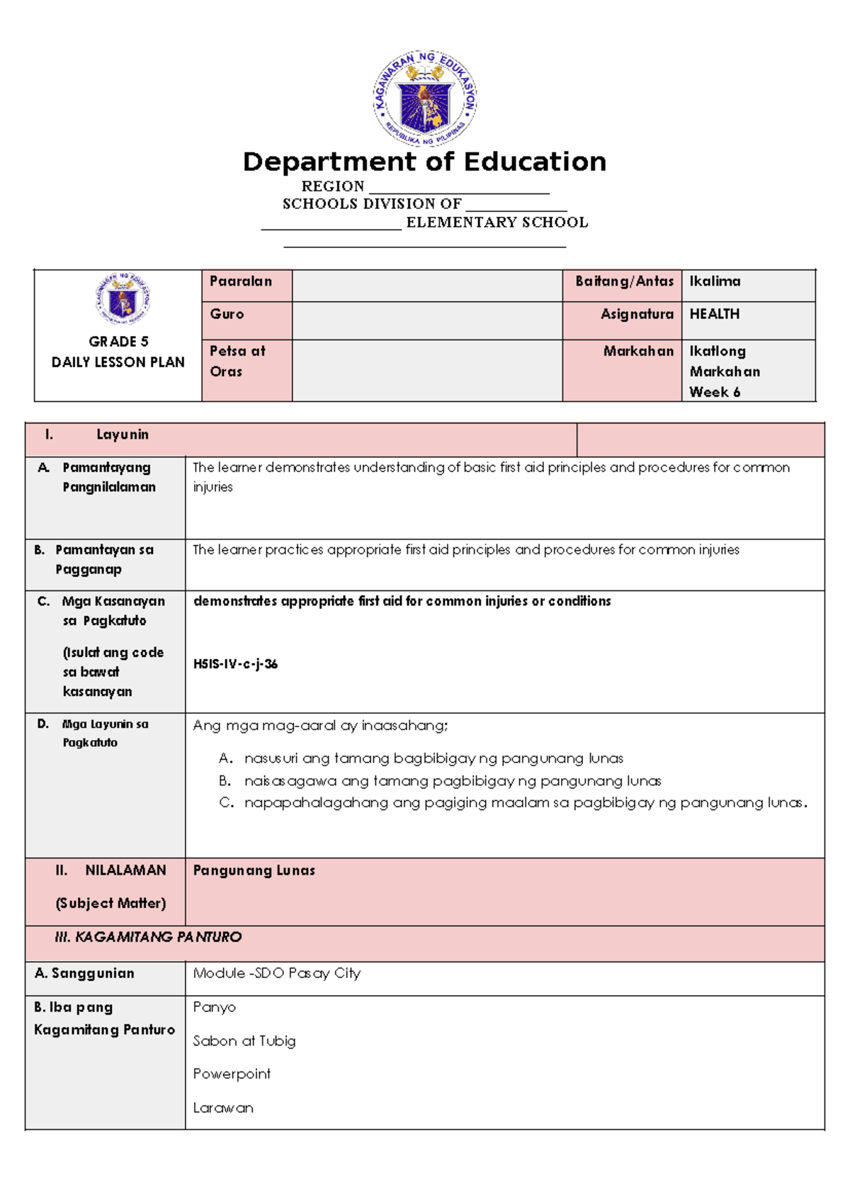COT Health 5 Q4 W6 - Daily Lesson Plan on First Aid Principles - Studocu