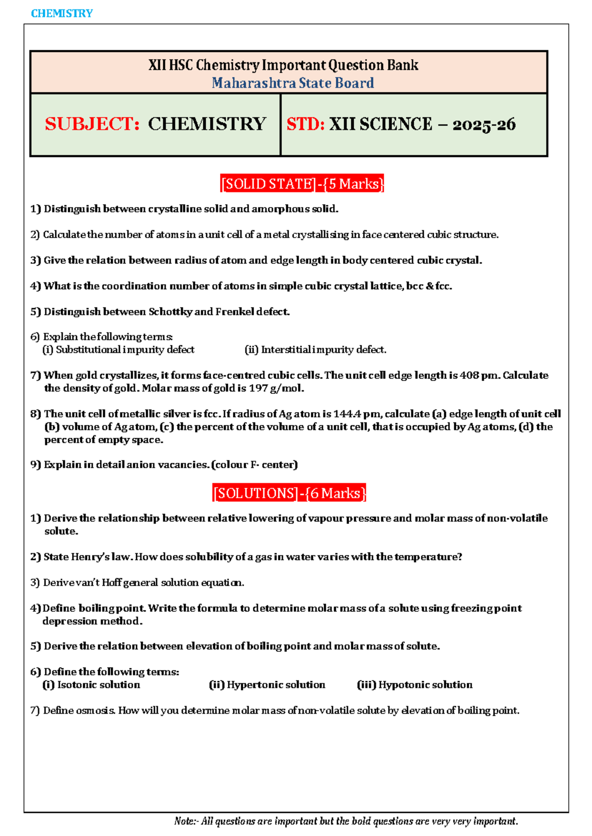 CHEM XII HSC Important Question Bank for 2026 (Piyush Sir) - Studocu